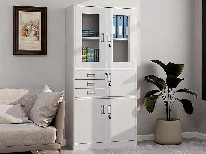 Glass Door Steel Filing Cabinet with 3 Drawers & Lockable Storage
