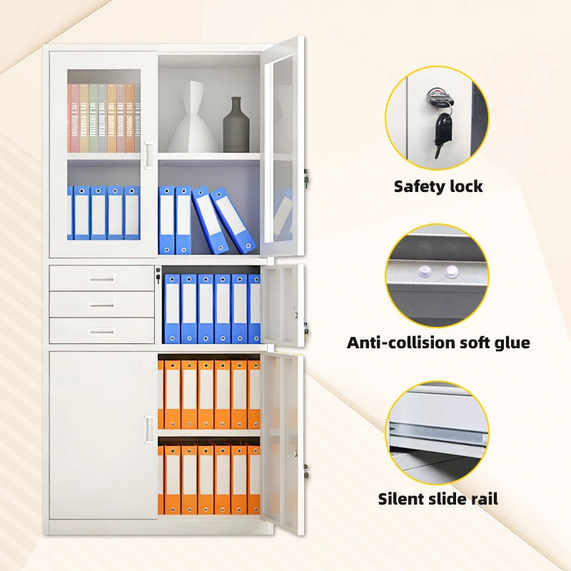 Glass Door Steel Filing Cabinet with 3 Drawers & Lockable Storage