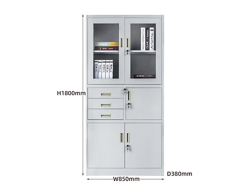Glass Door Steel Filing Cabinet with 3 Drawers & Lockable Storage