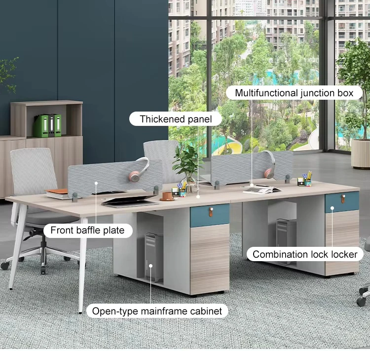 Modern 4 Person Office Workstation with Storage Drawers and Privacy Screen
