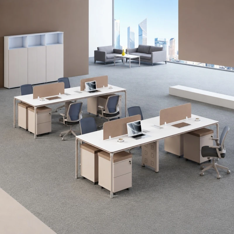 4 Person Office Workstation Desk with Storage Drawers and Privacy Screen