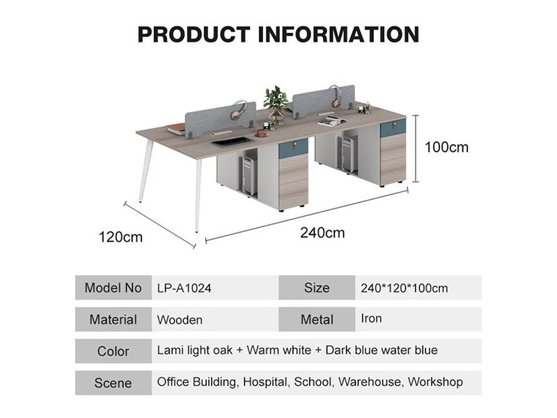 Modern 4 Person Office Workstation with Storage Drawers and Privacy Screen