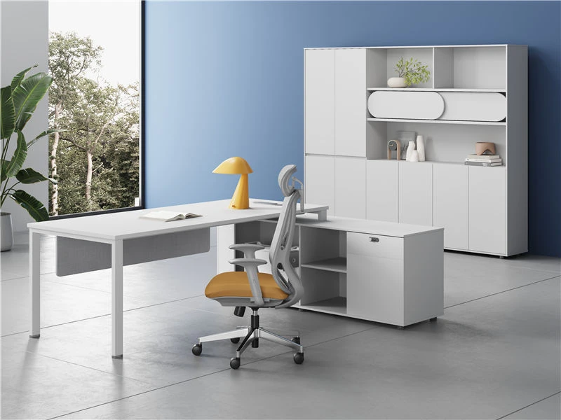 White Modern L-Shaped Executive Desk with Storage