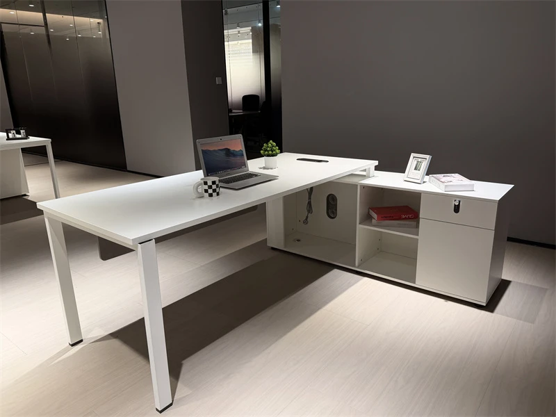 White Modern L-Shaped Executive Desk with Storage