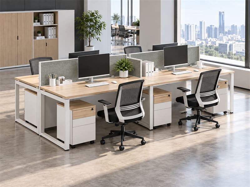 Modular computer tables arranged as a four-person office workstation What Are the Advantages of Modular Computer Tables?