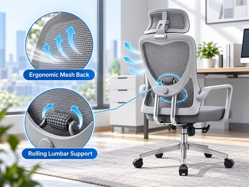 Ergonomic Mesh Backrest with Rolling-Ball Lumbar Support