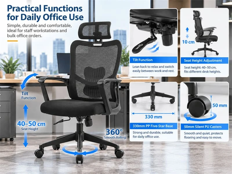 Black Ergonomic Mesh Office Chair with Adjustable Headrest
