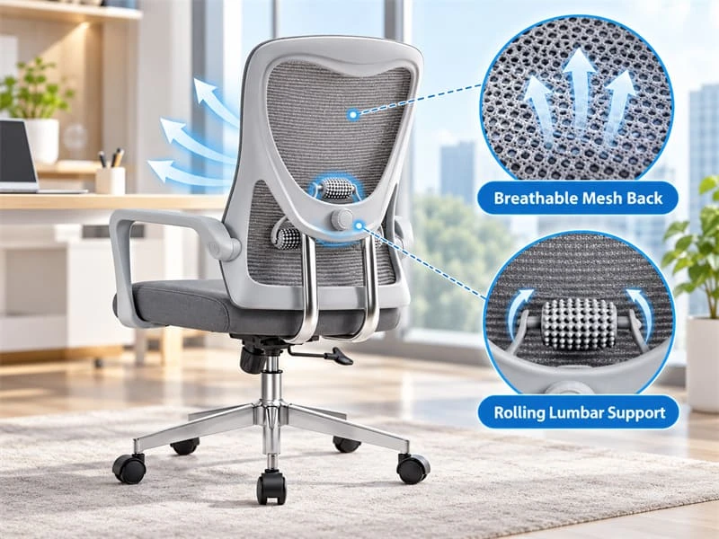 Breathable Mesh Backrest with Rolling-Ball Lumbar Support