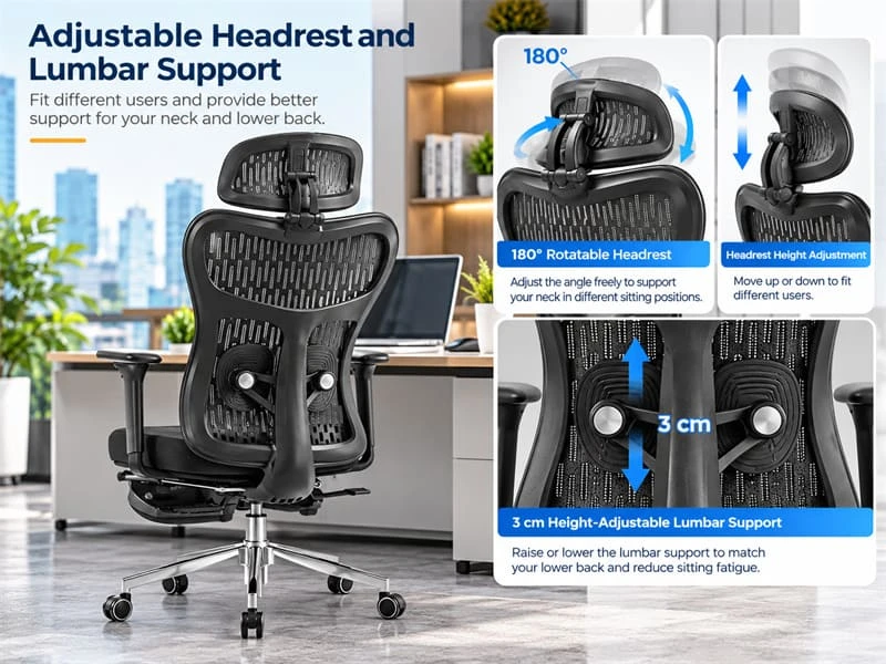 180&deg; Headrest Rotation with 3cm Lumbar Adjustment